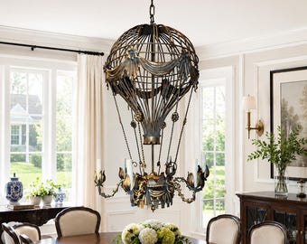 Hot Air Balloon Chandelier, Luxury Dining Room Light, Large 6 Light Ceiling Fixture, Vintage Balloon Pendant, Custom Size & Color
