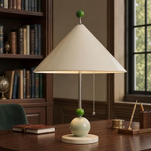 Modern Beige Table Lamp with Green Accent Ball, Mid Century Cream Desk Lamp, Cone Shade Bedside Lamp, Pull Chain Light