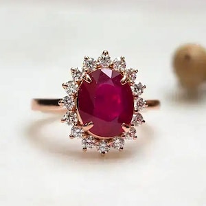 Oval Cut Ruby Ring: Sterling Silver Solitaire Halo Moissanite Accents Diana Ring