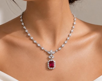 Ruby Moissanite Necklace: 925 Sterling Silver Statement Necklace, Birthday Gift For Her