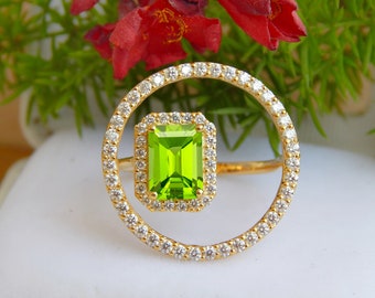 Natural Peridot Ring, Diamond Halo Ring, Engagement Wedding Ring, Certified Gemstone, Ring For Women, Promise Ring For Wife, Cocktail Ring