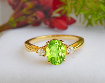 Natural Peridot Oval Cut Ring, Diamond Ring, Engagement Anniversary Wedding Ring, Certified Gemstone, Ring For Women, Promise Ring For Her