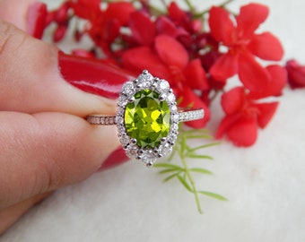 Natural Peridot Ring, Diamond Ring, Engagement Anniversary Ring, Certified Gemstone, Ring For Women, Promise Ring For Her, Peridot Halo Ring