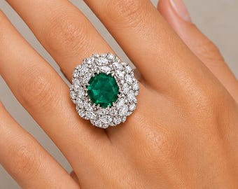 Vintage Emerald 925 Sterling Silver Ring, Moissanite Victorian Art Deco Statement Minimalist Cocktail Ring