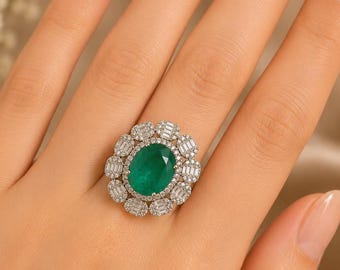 Victorian Emerald 925 Sterling Silver Statement Ring, Moissanite Art Deco Cocktail Engagement Ring