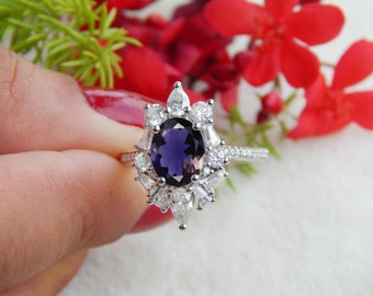 AAA Iolite Ring, Natural Diamond Ring, 925 Sterling Silver Ring, Engagement Anniversary Ring, Certified Gemstone, Iolite Cocktail Ring