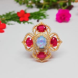 Opal & Ruby Cocktail Ring: Art Deco Gold Plated Sterling Silver