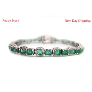Bracelet tennis émeraude : argent sterling 925, halo moissanite