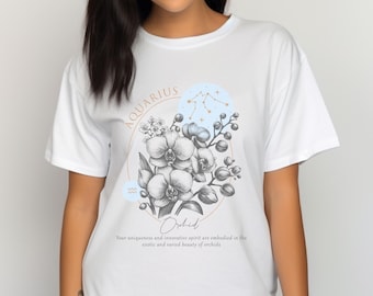 スターフラワーズアクエリアスオーキッドTシャツ、占星術 - 女性、男性、占星術愛好家向けシャツ - コンフォートカラー、オーキッド、フローラルシャツ