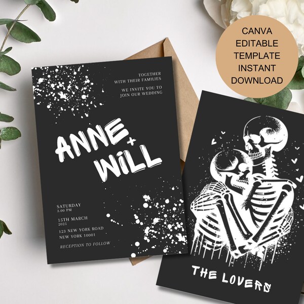 The Lovers Tarot Wedding Invitation Canva Template Modern Stationery Digital Download with RSVP Card Invites Print Your Own, Goth Wedding