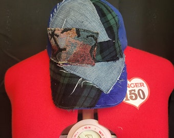 baseball cap, trucker hat, repurposed hat, upcycled hat, patchwork hat