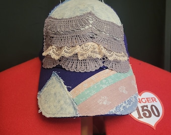 baseball cap, trucker hat, repurposed hat, upcycled hat, patchwork hat