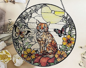 Orange Cat and Butterfuly Stained Glass Suncatcher for Window Hanging Decor Art Gift for Cat Lovers Wall Hanging Ornament Gift for Mom