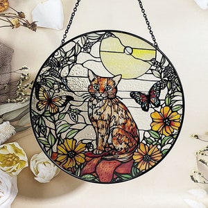 Orange Cat and Butterfuly Stained Glass Suncatcher for Window Hanging Decor Art Gift for Cat Lovers Wall Hanging Ornament Gift for Mom