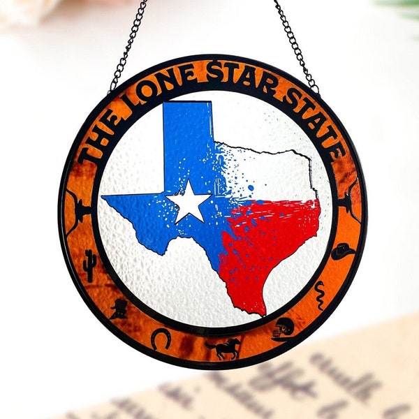 Lone Star State Stained Glass Suncatcher for Window Hanging Texas Map Art Gift for Texans with Texas Iconic Symbols Wall Hanging Texas Pride