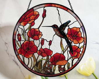 Hummingbird Flowers Stained Glass Suncatcher for Window Hanging Decor Art Gift for Bird & Poppy Lovers Wall Hanging Ornament Gift Idea