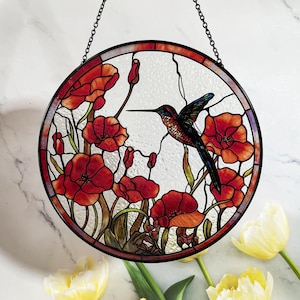 Hummingbird Flowers Stained Glass Suncatcher for Window Hanging Decor Art Gift for Bird & Poppy Lovers Wall Hanging Ornament Gift Idea