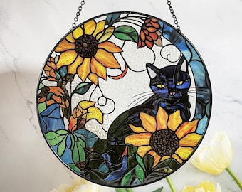 Sunflower Black Cat Stained Glass Suncatcher for Window Hanging Decor Gift for Cat Lovers Wall Hanging Ornament Holiday Gift Memorial Gift