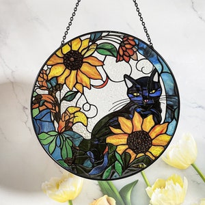 Sunflower Black Cat Stained Glass Suncatcher for Window Hanging Decor Gift for Cat Lovers Wall Hanging Ornament Holiday Gift Memorial Gift