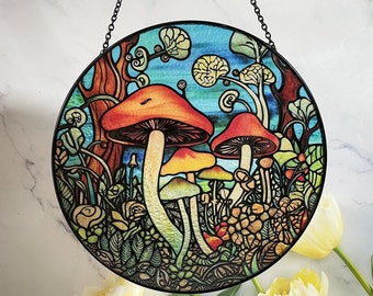Mushrooms Stained Glass Suncatcher for Window Hanging Wall Decor Art Gift for Mushroom Lovers Wall Hanging Colorful Ornament Holiday Gift
