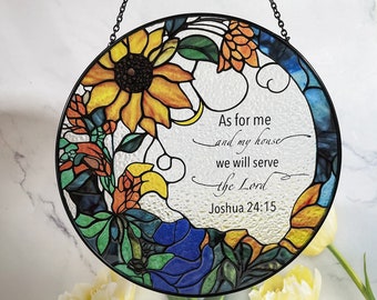 Bible Verse Stained Glass Suncatcher for Window Hanging Christian Gift for Mom Joshua 24:15 As for Me and My House We Will Serve the Lord