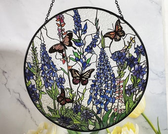 Lavendel Monarchfalter Glasmalerei Suncatcher zum Fensterbehang Wanddekorkunst Geschenk für Schmetterlingsliebhaber Blumenschmuck Geschenk für Mama