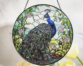 Peacock Flowers Stained Glass Suncatcher for Window Hanging Wall Decor Art Gift for Peacock Lovers Wall Hanging Ornament Ideal Holiday Gift