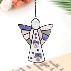 Pressed Flowers Angel Stained Glass Suncatcher for Window Hanging Decor Gift for Lovers Family Friends Wall Hanging Ornament Gift for Mom