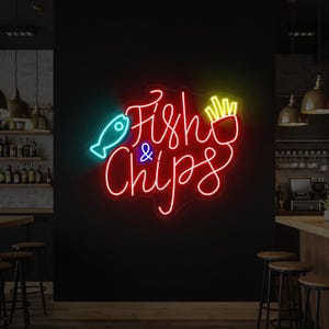Fish & Chips Leuchtreklame mit LED-Symbolen für Seafood Restaurant Wall Decor | Rot Gelb Blau Licht für Bar Küche Café zum Mitnehmen