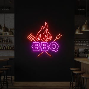 BBQ-neonbord met grillgereedschap en vuur voor restaurantmuurdecoratie | Roodpaars ledlicht voor keukendisplay barbecue foodtruck