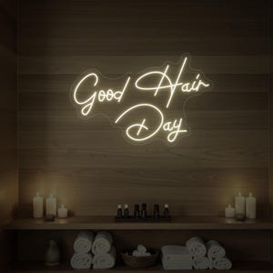 Good Hair Day Neon Sign in Script Font, LED Wall Light for Hair Salon or Beauty Studio, Custom Acrylic Sign for Glam Rooms and Stylists