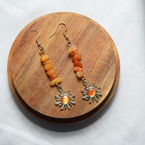 Orange Quartz Crystal Sun Silver Drop Earrings/Gemstone Earrings/Fairy Jewelry/Hippie Boho Jewelry/Handmade Jewelry