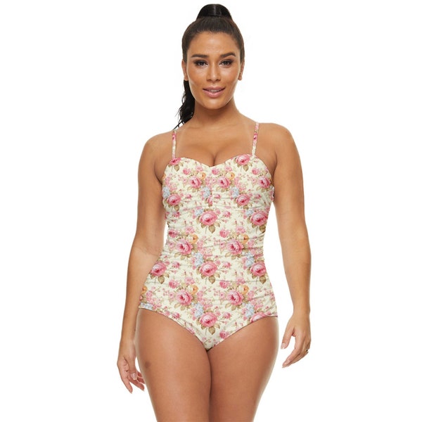 Maillot de bain rétro vintage roses, maillot de bain grande taille style vintage, maillots de bain modestes grande taille, maillot de bain flatteur