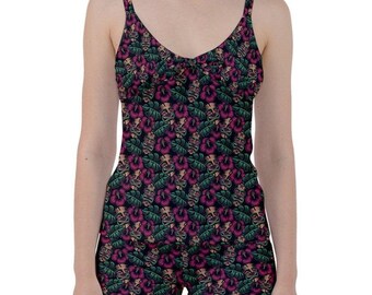 Tiki Tie Front Zweiteiler Boyleg Tankini, Tiki Badeanzug, Retro Tiki Tankini, Boyleg Badeanzug, Boyleg Badende, Plus Size Tankini, Tiki Print Tankini