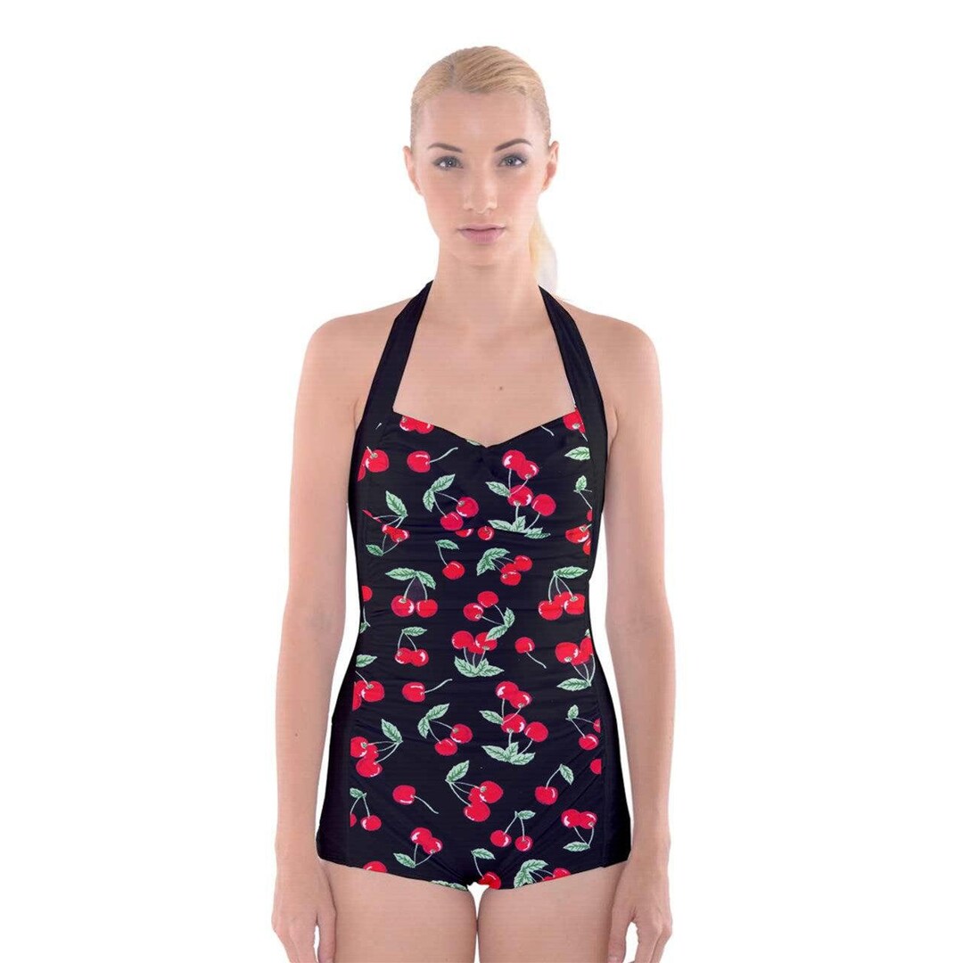 Black Cherries Boyleg Halter Swimsuit, Cherry Pin up Swimsuit, Retro