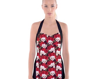 Skulls and Red Roses Boyleg Halter Swimsuit,Gothic Swimsuit,Plus Size Gothic Swimsuit,Retro Swimsuit,Alt Swimsuit,Goth Swimsuit