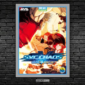 May include: A poster for the fighting game 'SVC Chaos: SNK vs. Capcom' featuring two characters in a fiery battle. The game's logo is prominently displayed in the center of the poster, with the words 'SNK vs. Capcom' written below it. The poster is framed in a white border.