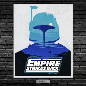 May include: A blue and white poster with a silhouette of Boba Fett from Star Wars: The Empire Strikes Back. The text "Star Wars: The Empire Strikes Back" is printed in blue on the poster.