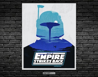 May include: A blue and white poster with a silhouette of Boba Fett from Star Wars: The Empire Strikes Back. The text "Star Wars: The Empire Strikes Back" is printed in blue on the poster.