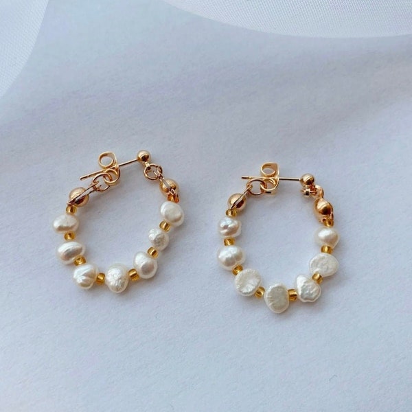 French Vintage Style Chain Freshwater Baroque Pearl Earrings, Pearl Stud Hoop Dangle Boho Earrings,925 silver,Bridal Bridesmaid Gift Wedding