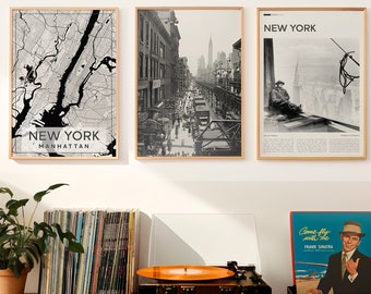 New York Posters, Set of 3 Prints, Aesthetic Vintage Photo, Black And White Photo Gallery, USA Travel Gift, Vintage Gallery Set