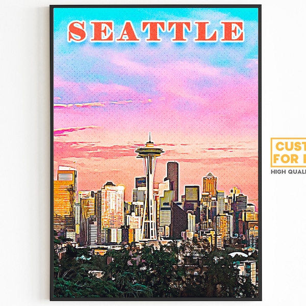 Seattle Poster • Printable Wall Art For World Traveller • Pink Orange Colorful  • Retro Vibrant Print • USA Travel Gift • Digital Download