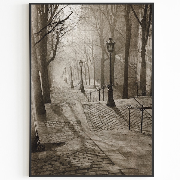 Montmartre Stairs Printable, Paris Vintage Poster, Rue Foyatier, Aesthetic Vintage Print, Black And White Old Photo, B&W