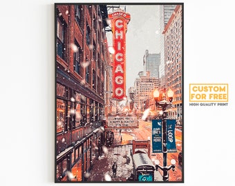 Affiche de Chicago, ville lumineuse, affiche de la ville enneigée, ambiance hivernale, cadeau imprimé voyage dans l'État de l'Illinois, carte de voeux de nouvel an, États-Unis