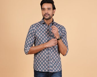 Party Wear Baumwollhemd Floral Grau Gedrucktes Hemd, Rajasthani Gedrucktes Vollarmhemd Hand Block Mehrfarbig Bedrucktes Baumwollhemd für Männer