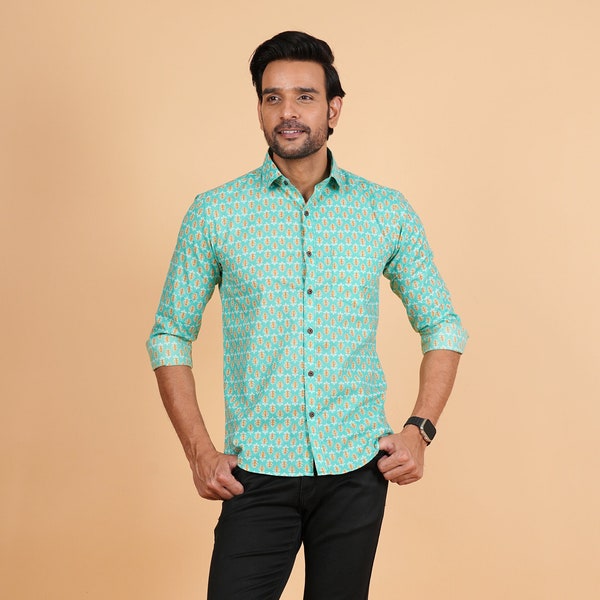 Aqua Green Full Sleeve Cotton Shirt, Indian Traditional Floral Prints, Gift for him Soft Cotton shirt, Smart fit hip length shirt for men.