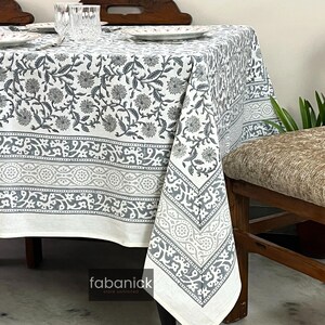 Mantel de algodón con estampado de bloques hecho a mano: mantel indio con estampado floral gris, mantelería elegante para comedor, decoración para bodas.