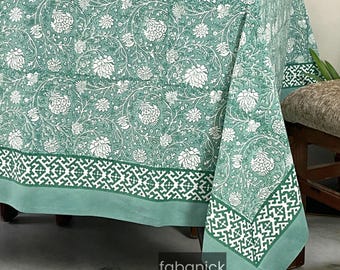Green Floral Cotton Tablecloth – Handmade Block Print Indian Table Cover