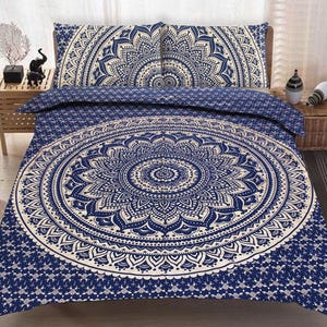Blauwgouden mandala-dekbedovertrekset – 100% katoenen boho-beddengoed – Indiase handgemaakte dekbedovertrek – Twin Queen Kingsize – Etnische woondecoratie
