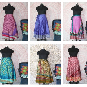 Indian Upcycled Sari Silk Long Wrap Skirt Reversible Layer Assorted Color Vintage Handmade Women Beach Double Layer Bohemian Skirt